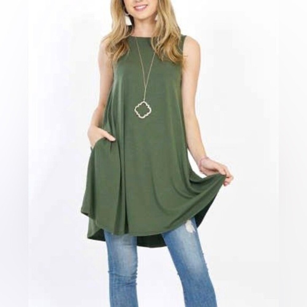 Cupio army green tunic top or short dress with pockets size small